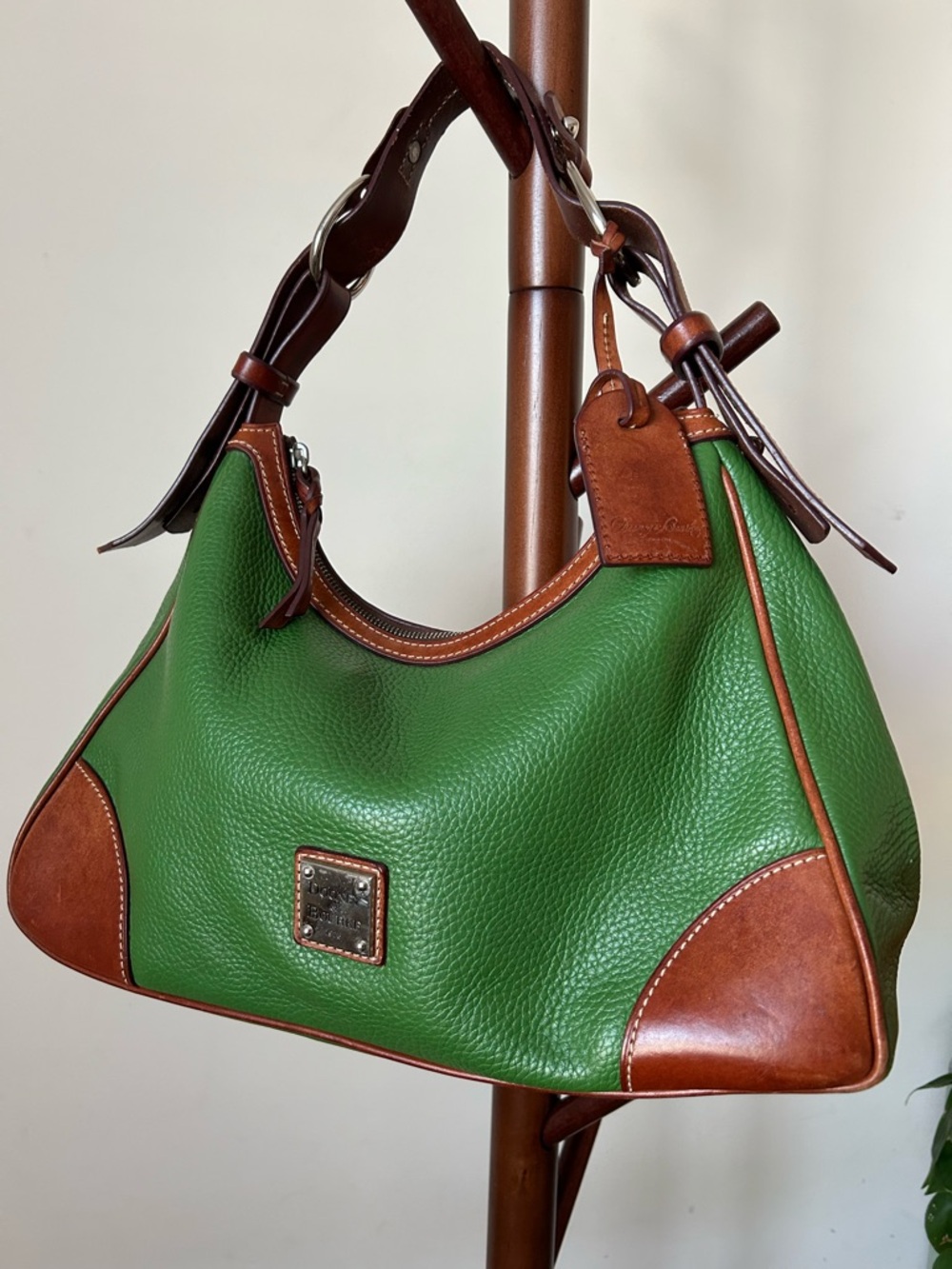 Dooney & Bourke Green Pebbled Leather Hobo Bag Brown Trim Shoulder Purse